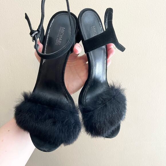 Michael Kors black furry strap heeled sandals y2k Valentine’s Day date fur - Picture 6 of 8